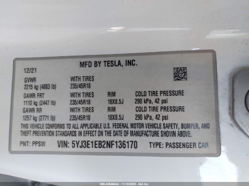 2022 Tesla Model 3 Long Range Dual Motor All-Wheel Drive VIN: 5YJ3E1EB2NF136170 Lot: 43646444