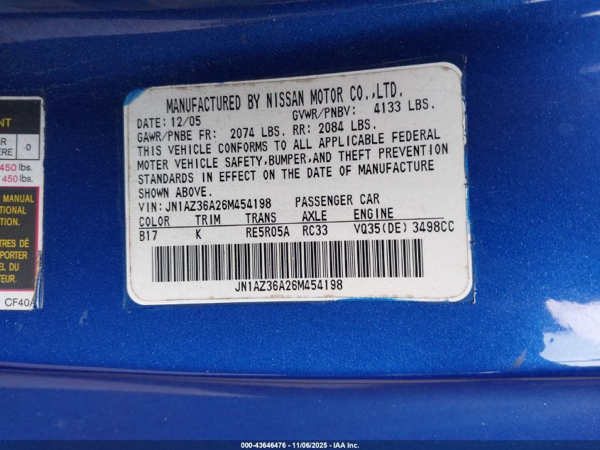 2006 Nissan 350Z VIN: JN1AZ36A26M454198 Lot: 43646476
