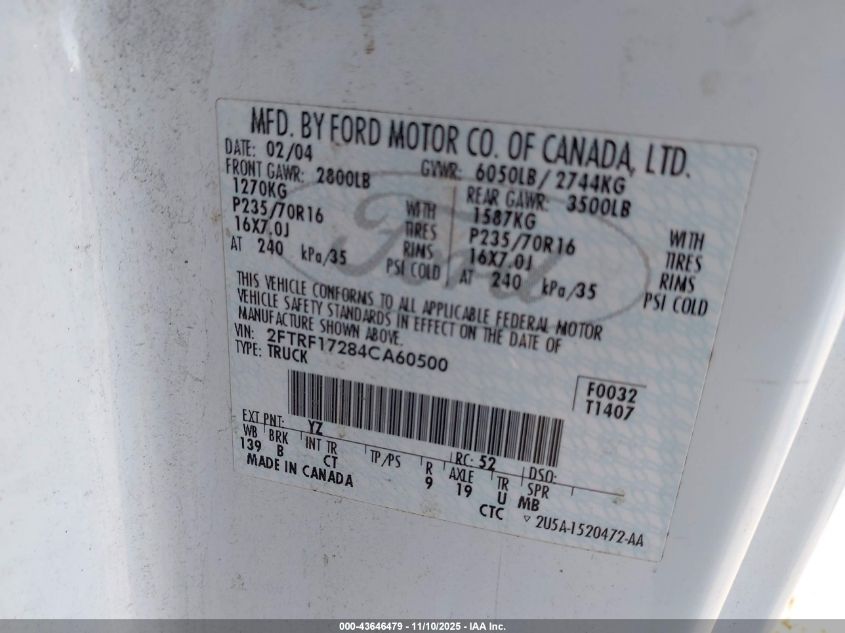 2004 Ford F-150 Heritage Xl/Xlt VIN: 2FTRF17284CA60500 Lot: 43646479