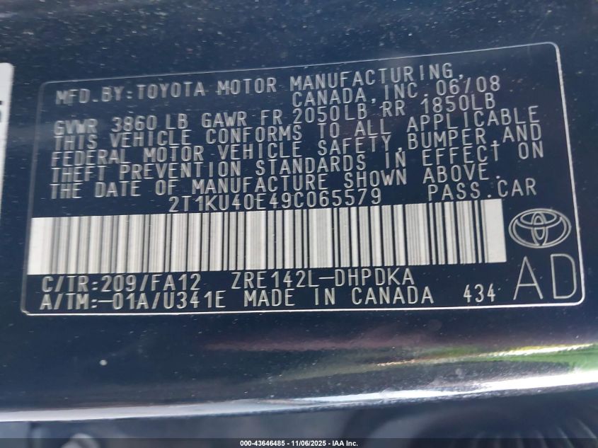 2009 Toyota Matrix VIN: 2T1KU40E49C065579 Lot: 43646485