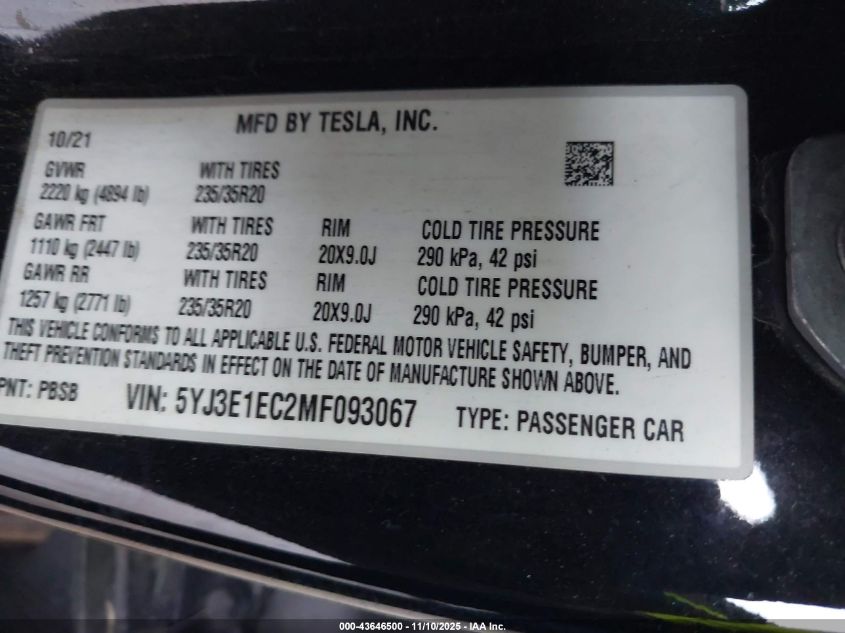 2021 Tesla Model 3 Performance Dual Motor All-Wheel Drive VIN: 5YJ3E1EC2MF093067 Lot: 43646500