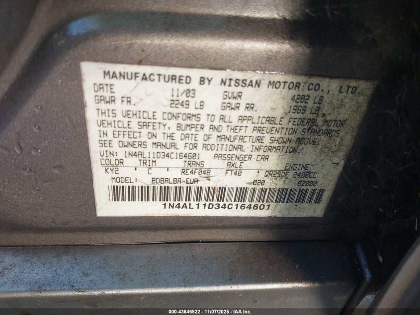 2004 Nissan Altima 2.5 S VIN: 1N4AL11D34C164601 Lot: 43646522
