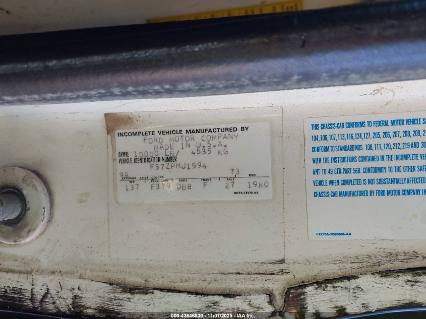 1980 Ford F350 VIN: F37ZPHJ1594 Lot: 43646530