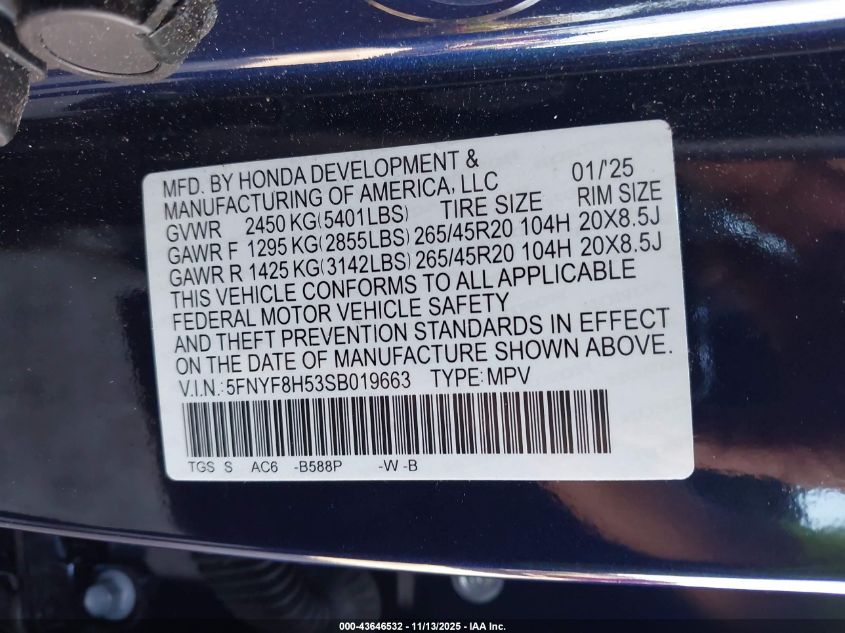 2025 Honda Passport Awd Ex-L VIN: 5FNYF8H53SB019663 Lot: 43646532