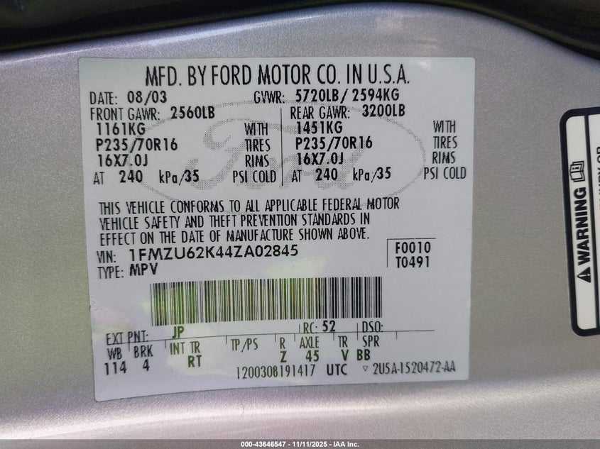 2004 Ford Explorer Xls VIN: 1FMZU62K44ZA02845 Lot: 43646547