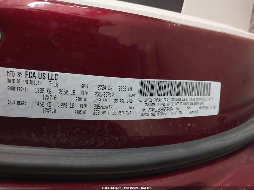 2017 Chrysler Pacifica Touring-L VIN: 2C4RC1BG3HR539874 Lot: 43646552