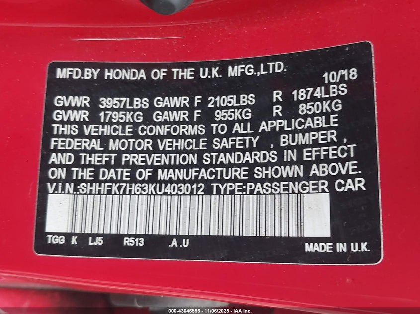 SHHFK7H63KU403012 2019 HONDA CIVIC photo no. 9