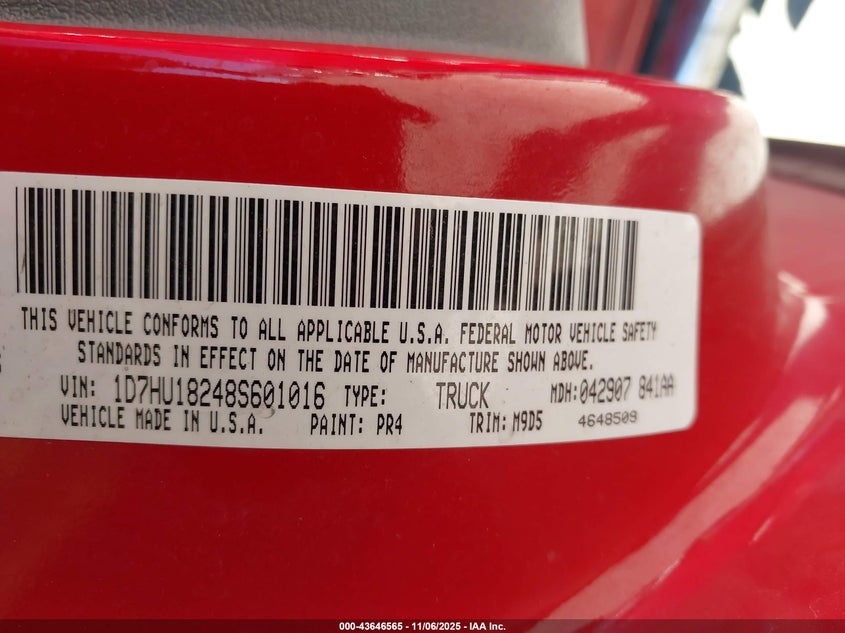 2008 Dodge Ram 1500 Slt VIN: 1D7HU18248S601016 Lot: 43646565