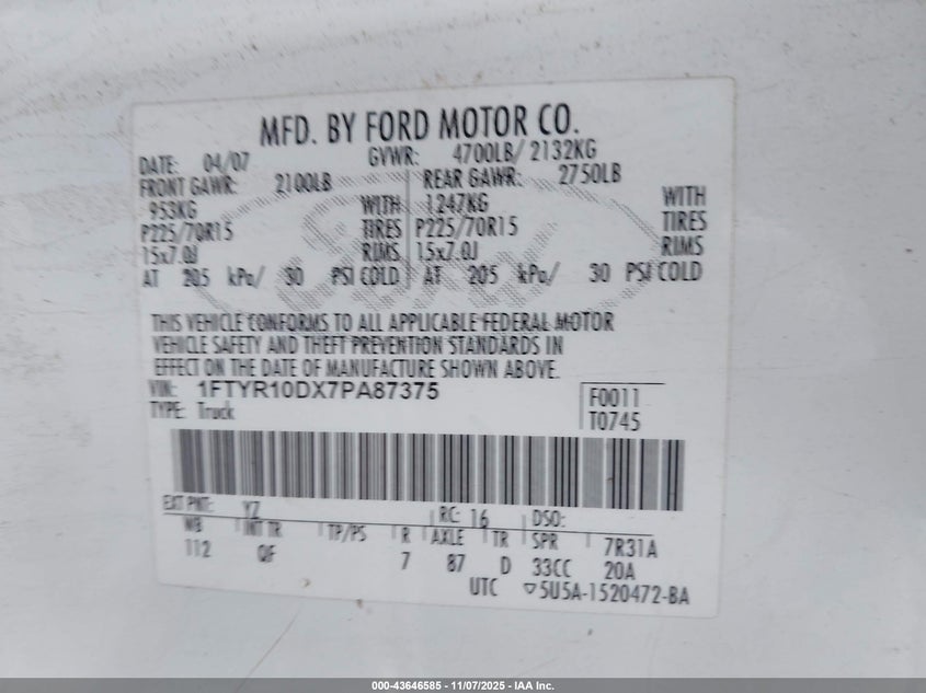 2007 Ford Ranger Stx/Xl/Xlt VIN: 1FTYR10DX7PA87375 Lot: 43646585