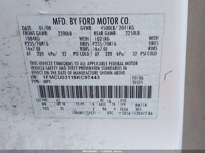 2008 Ford Escape Xlt VIN: 1FMCU03118KC97443 Lot: 43646587