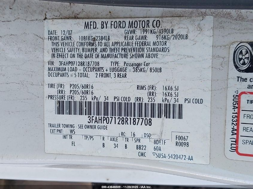 2008 Ford Fusion Se VIN: 3FAHP07128R187708 Lot: 43646589