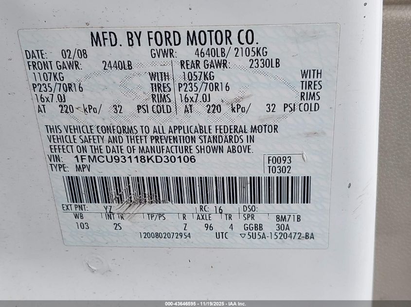 2008 Ford Escape Xlt VIN: 1FMCU93118KD30106 Lot: 43646595