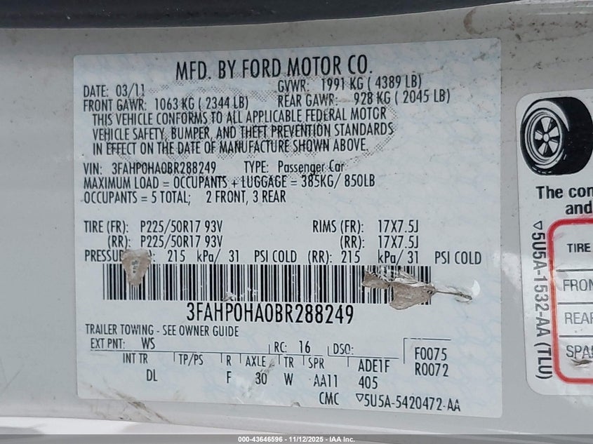 2011 Ford Fusion Se VIN: 3FAHP0HA0BR288249 Lot: 43646596