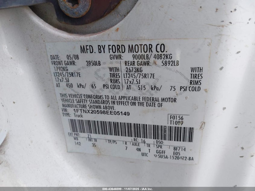 2008 Ford F-250 Lariat/Xl/Xlt VIN: 1FTNX20598EE05149 Lot: 43646599
