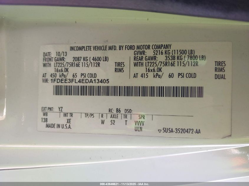 2014 Ford E-350 Cutaway VIN: 1FDEE3FL4EDA13405 Lot: 43646621