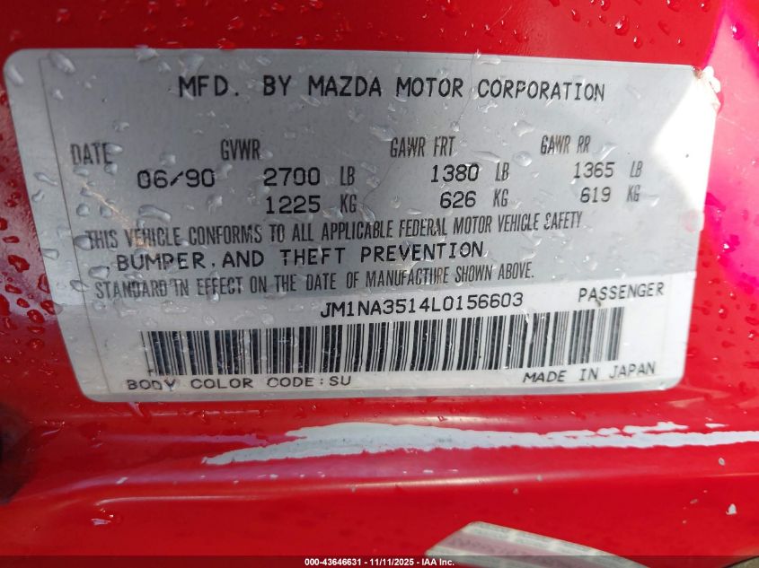 1990 Mazda Mx-5 Miata VIN: JM1NA3514L0156603 Lot: 43646631