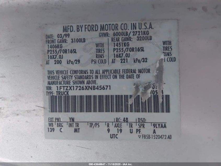 1999 Ford F-150 Work Series/Xl/Xlt VIN: 1FTZX1726XNB45671 Lot: 43646647