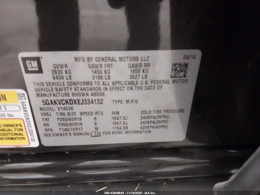 2014 Buick Enclave Premium VIN: 5GAKVCKDXEJ334132 Lot: 43646649