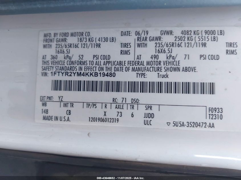 2019 Ford Transit-250 VIN: 1FTYR2YM4KKB19480 Lot: 43646652