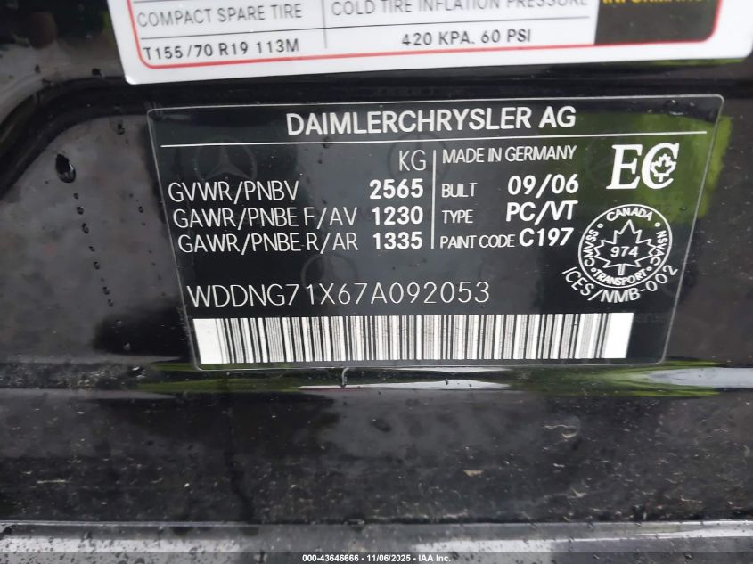 2007 Mercedes-Benz S 550 VIN: WDDNG71X67A092053 Lot: 43646666