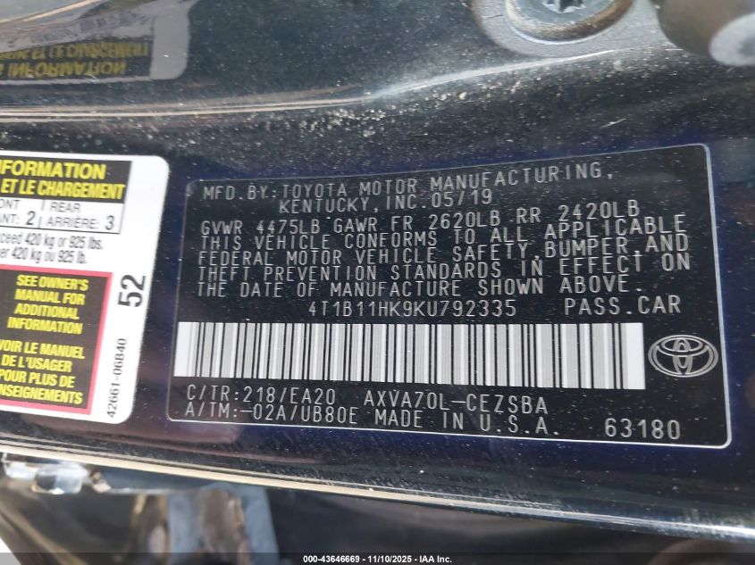 2019 Toyota Camry Se VIN: 4T1B11HK9KU792335 Lot: 43646669