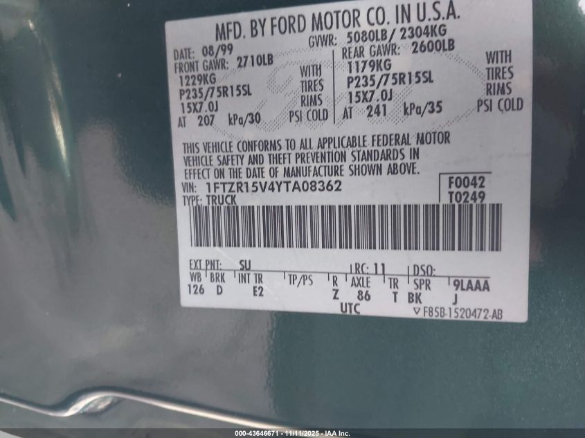 2000 Ford Ranger Xl/Xlt VIN: 1FTZR15V4YTA08362 Lot: 43646671