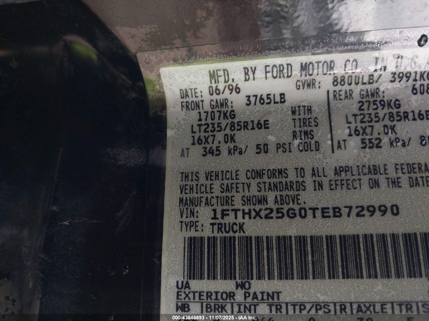 1996 Ford F250 VIN: 1FTHX25G0TEB72990 Lot: 43646693