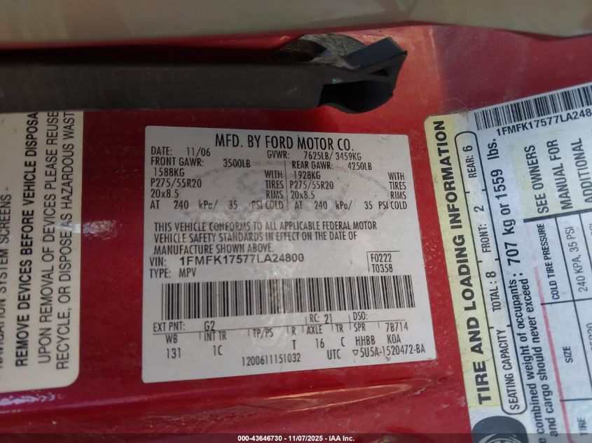 2007 Ford Expedition El Eddie Bauer VIN: 1FMFK17577LA24800 Lot: 43646730