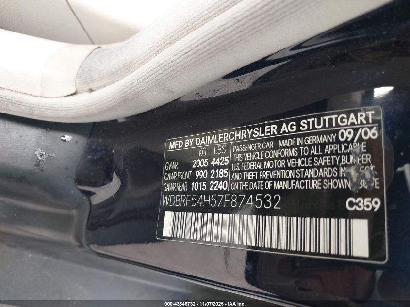 2007 Mercedes-Benz C 280 Luxury VIN: WDBRF54H57F874532 Lot: 43646732