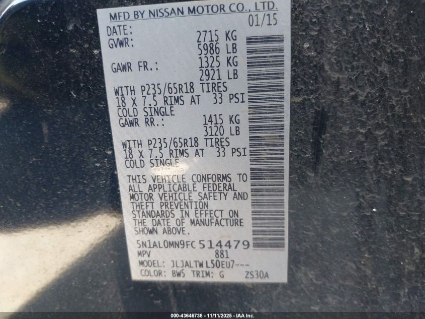 2015 Infiniti Qx60 VIN: 5N1AL0MN9FC514479 Lot: 43646738