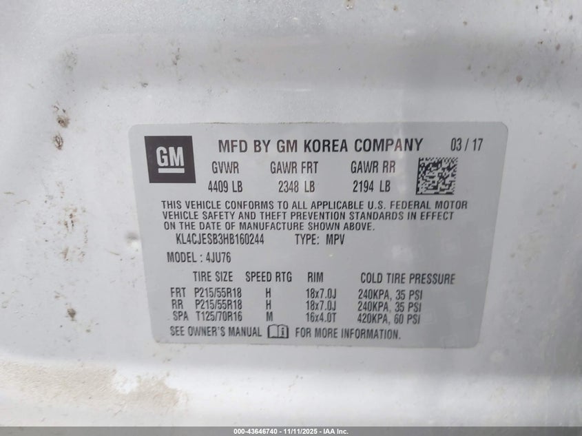 2017 BUICK ENCORE PREFERRED KL4CJESB3HB160244