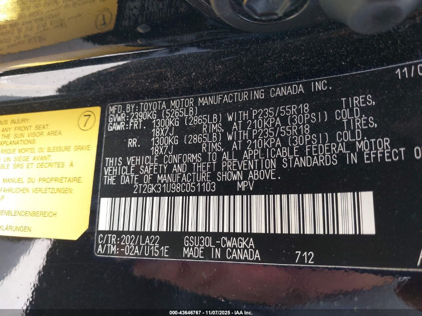 2008 Lexus Rx 350 VIN: 2T2GK31U98C051103 Lot: 43646767