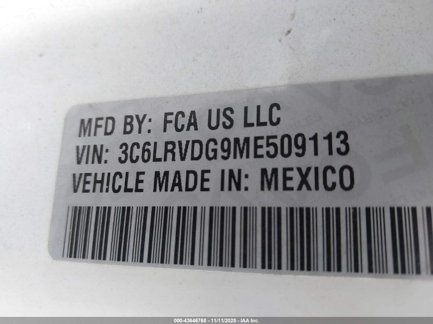 2021 Ram Promaster 2500 High Roof 159 Wb VIN: 3C6LRVDG9ME509113 Lot: 43646768