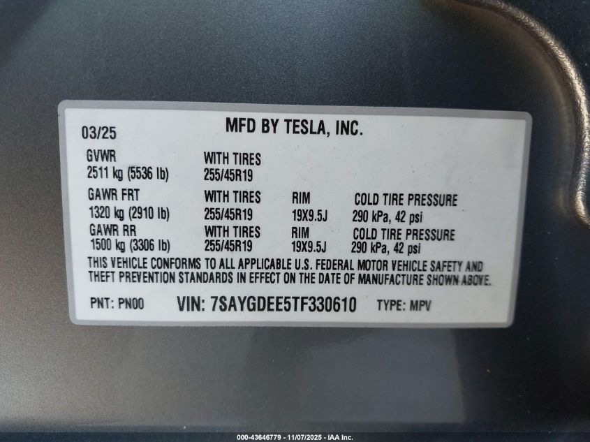 2026 Tesla Model Y Long Range Dual Motor All-Wheel Drive/Long Range Launch Series VIN: 7SAYGDEE5TF330610 Lot: 43646779