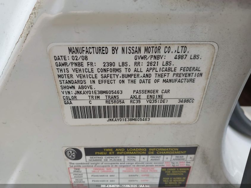 2008 Infiniti M35 VIN: JNKAY01E38M605463 Lot: 43646785