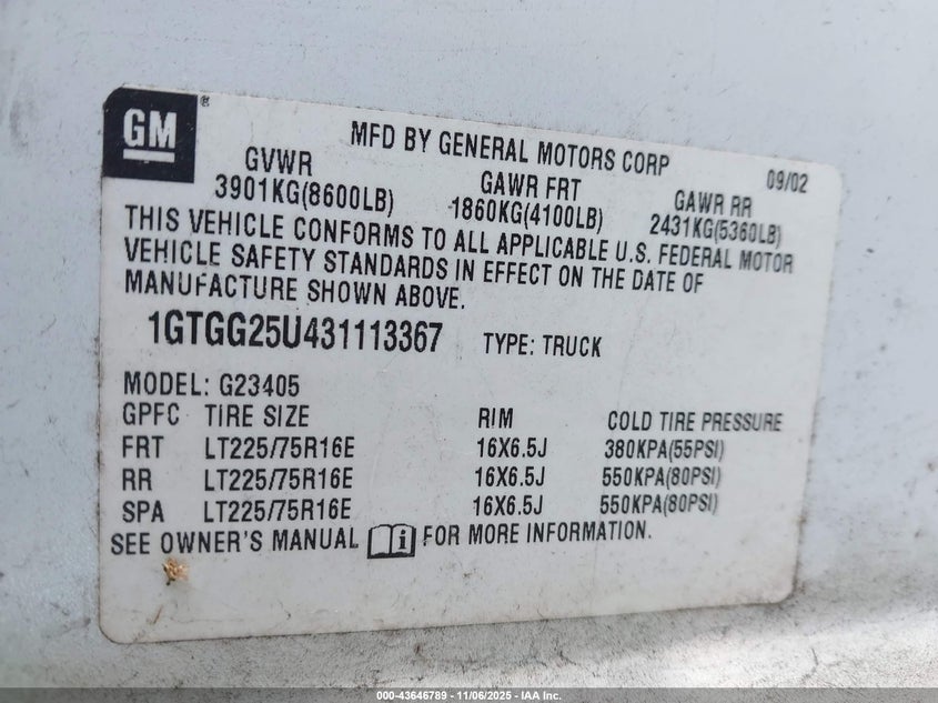 1GTGG25U431113367 2003 GMC SAVANA photo no. 9