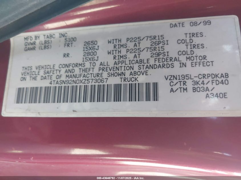 1999 Toyota Tacoma Prerunner V6 VIN: 4TASN92N0XZ573067 Lot: 43646792