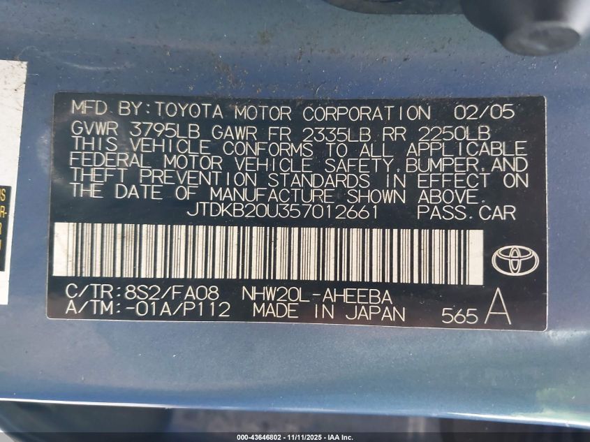 2005 Toyota Prius VIN: JTDKB20U357012661 Lot: 43646802