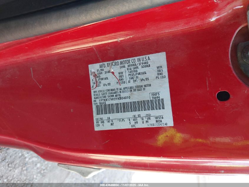 2000 Ford F-150 Lariat/Work Series/Xl/Xlt VIN: 1FTRX17W2YKB04010 Lot: 43646804