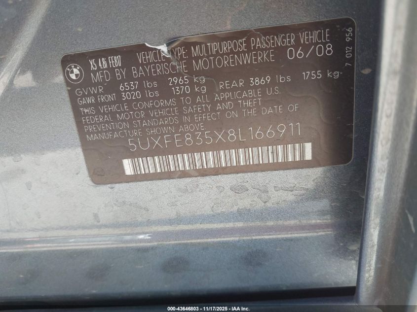 2008 BMW X5 4.8I VIN: 5UXFE835X8L166911 Lot: 43646803