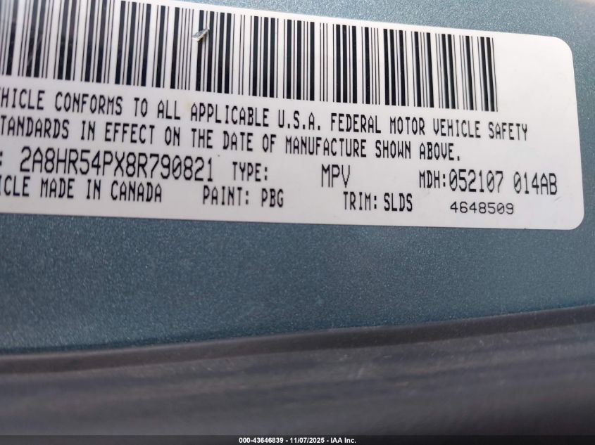 2008 Chrysler Town & Country Touring VIN: 2A8HR54PX8R790821 Lot: 43646839