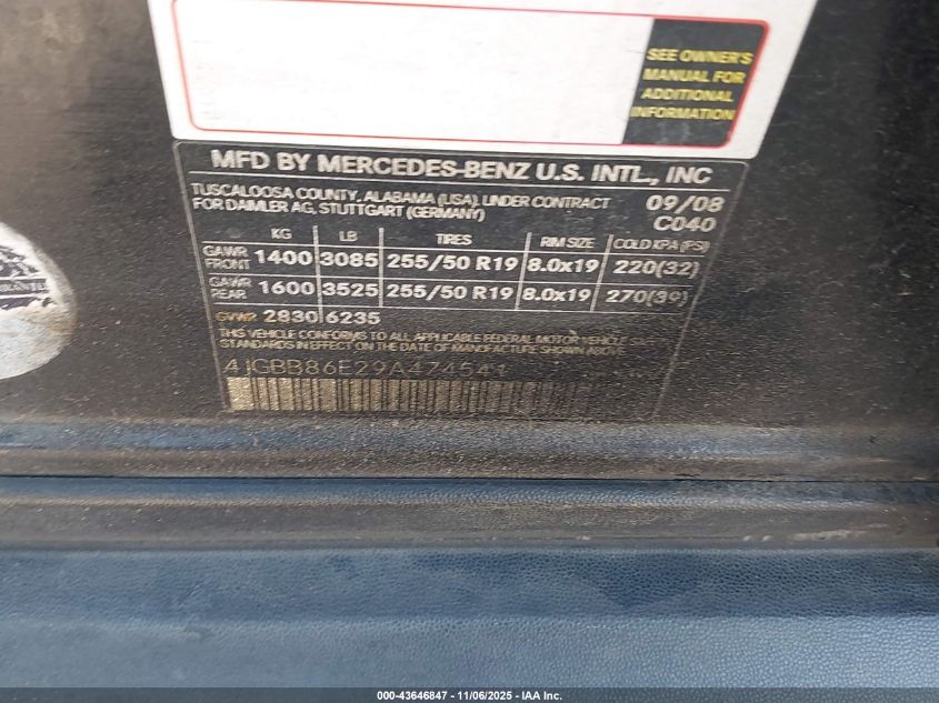 2009 Mercedes-Benz Ml 350 4Matic VIN: 4JGBB86E29A474541 Lot: 43646847