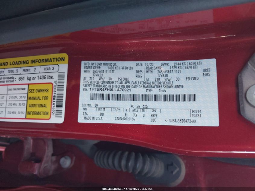 2020 Ford Ranger Lariat VIN: 1FTER4FH0LLA76921 Lot: 43646853