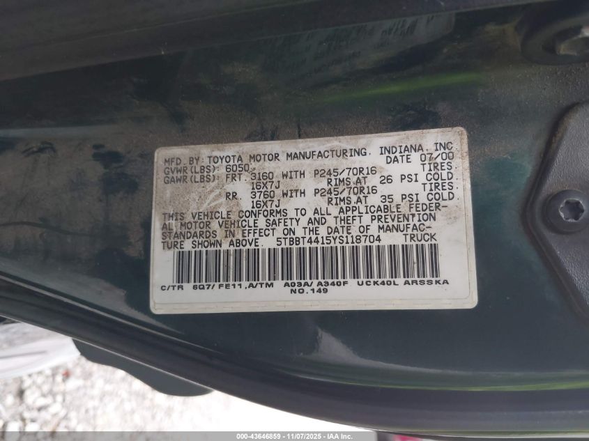 2000 Toyota Tundra Sr5 V8 VIN: 5TBBT4415YS118704 Lot: 43646859