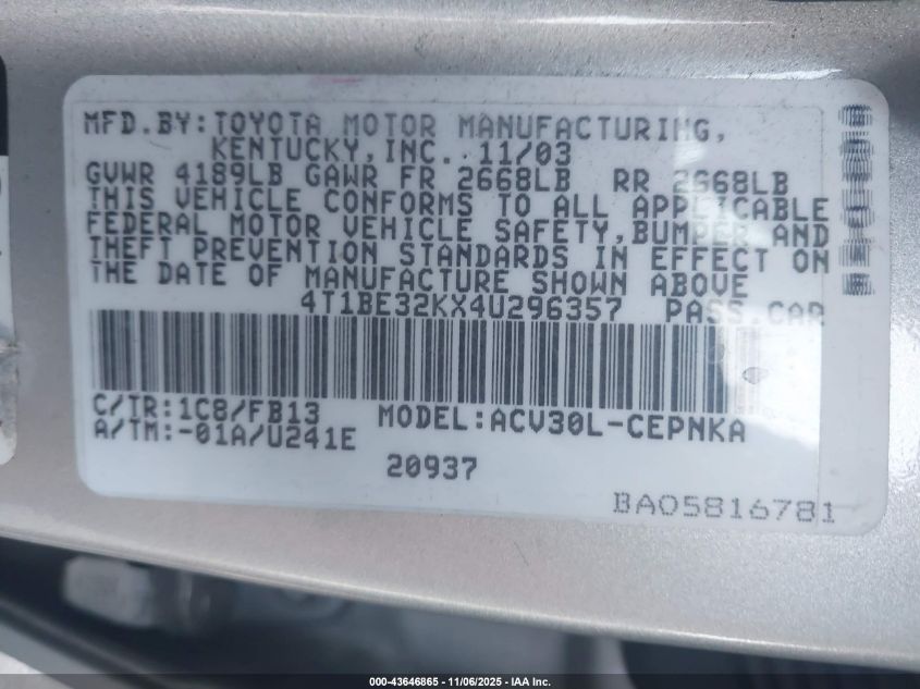 2004 Toyota Camry Le VIN: 4T1BE32KX4U296357 Lot: 43646865