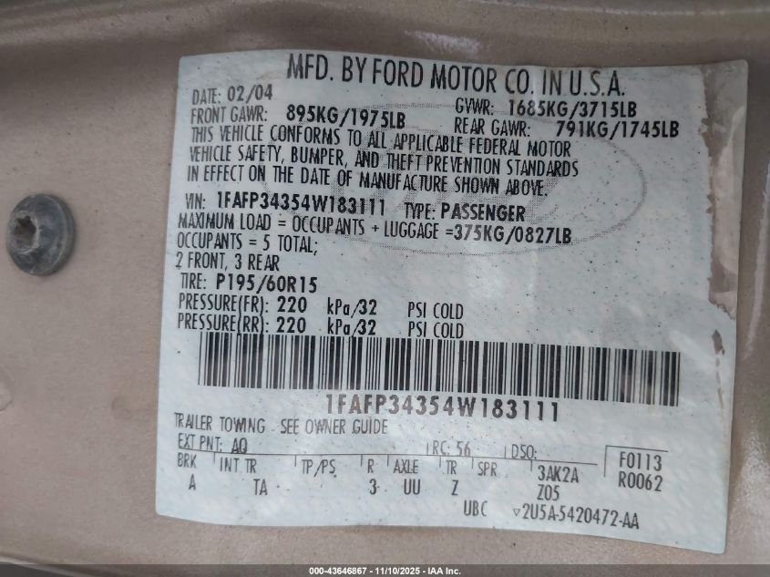 2004 Ford Focus Se VIN: 1FAFP34354W183111 Lot: 43646867