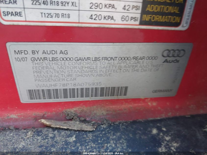 2008 Audi A3 2.0T VIN: WAUHF78P18A075935 Lot: 43646873