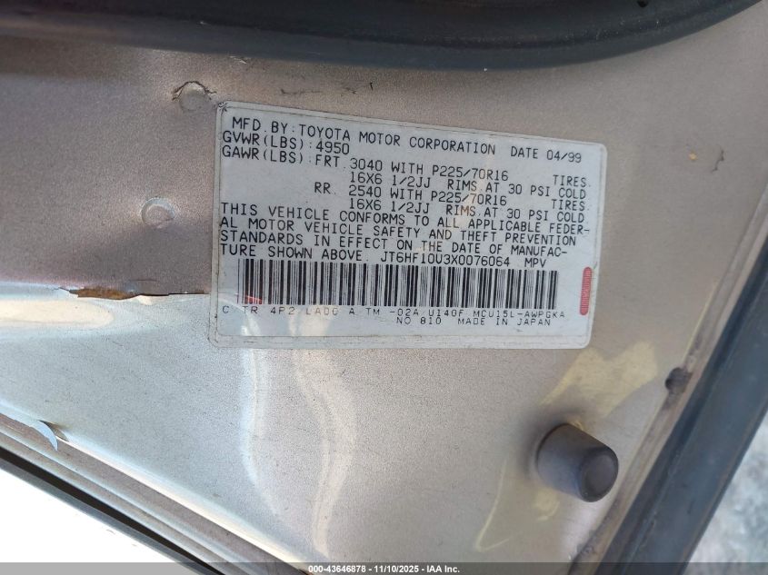 1999 Lexus Rx 300 VIN: JT6HF10U3X0076064 Lot: 43646878