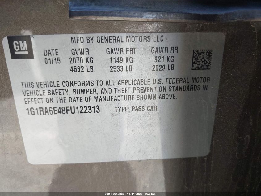 2015 Chevrolet Volt VIN: 1G1RA6E48FU122313 Lot: 43646880