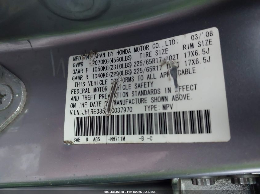 2008 Honda Cr-V Ex VIN: JHLRE385X8C037970 Lot: 43646888